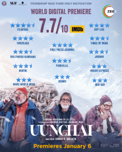 Uunchai tracks the journey of three aged friends, Amit (Amitabh Bachchan), Javed (Boman Irani) and Om (Anupam Kher) who decide to embark on a trek to the Everest Base Camp to fulfil the wish of their late friend Bhupen (Danny Dengzongpa), whose heart belonged in the Himalayas. They are joined on the trek by Shabina (Neena Gupta) who is Javed’s wife, Mala (Sarika) who happens to be the long-lost love of Bhupen and Shraddha (Parineeti Chopra) who is their tour guide.